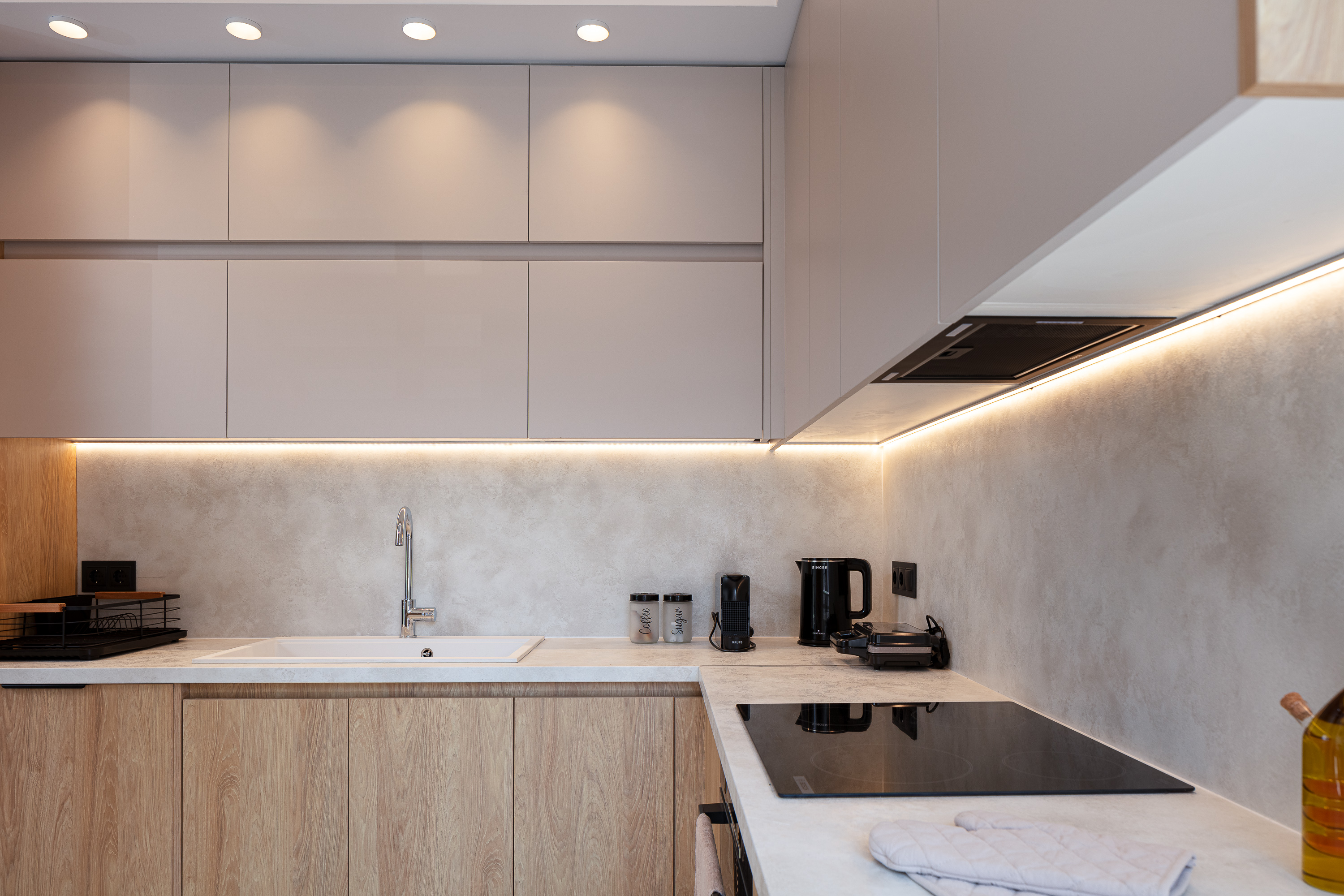 Modern kitchen with LED lighting โ fully equipped apartment Rethymno